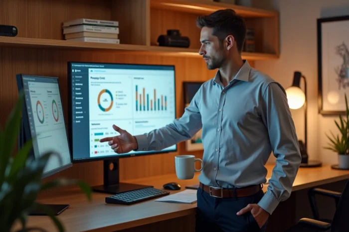 Directeur commercial analysant un tableau de bord CRM de prospection externalisée dans son bureau