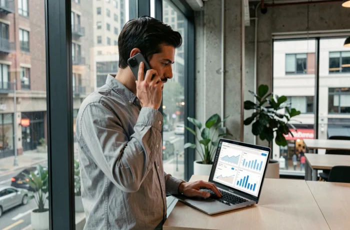 Chef d'entreprise utilisant son smartphone dans un espace de coworking pour gérer les appels via un standard externalisé