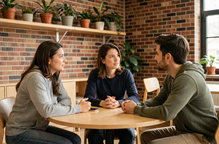 Groupe de trois adultes diversifiés participant à une discussion inclusive dans un centre communautaire moderne