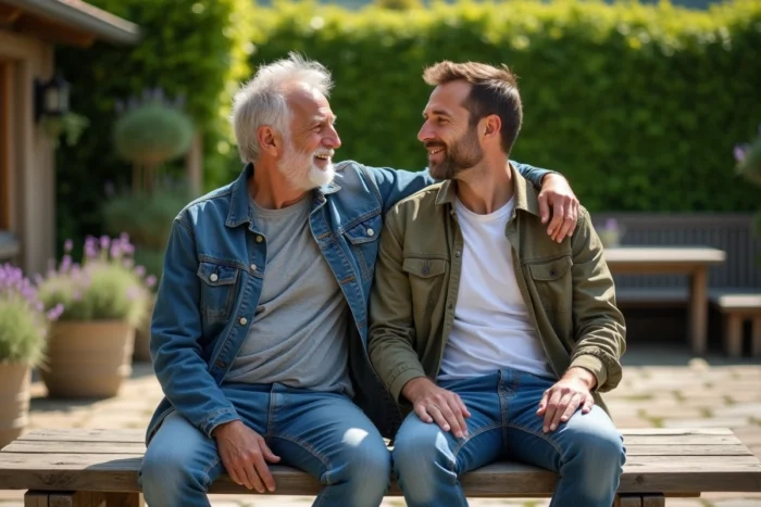 Père et fils assis ensemble à l'extérieur, discutant calmement lors d'une journée de célébration