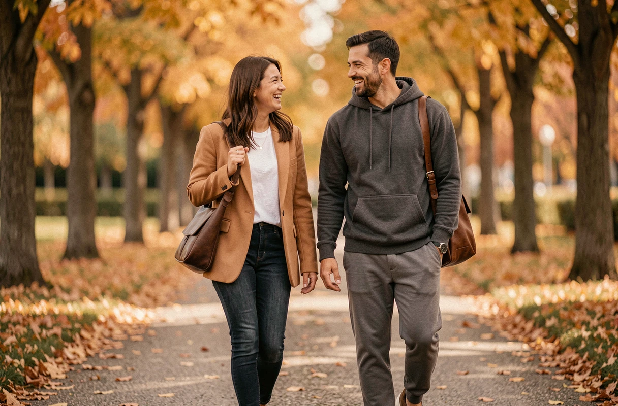 Deux amis en tenues décontractées Liberto se promenant dans un parc en automne, look casual quotidien