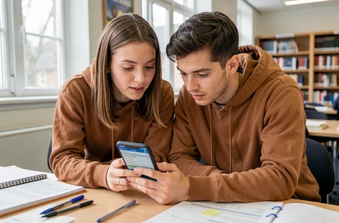 Deux jeunes adultes consultant ensemble les résultats du site Raconte-moi sur un smartphone dans une bibliothèque universitaire
