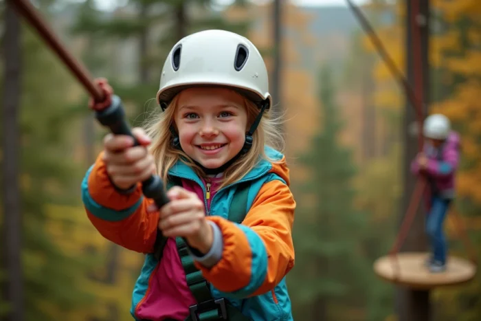 Jeune fille souriante sur une tyrolienne en hauteur dans les arbres lors d'une activité accrobranche à Canyon Park Epretot en Normandie