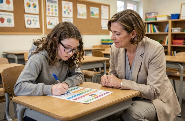 Une enseignante accompagne une élève dyslexique dans une salle de classe inclusive, avec des supports pédagogiques adaptés sur le bureau