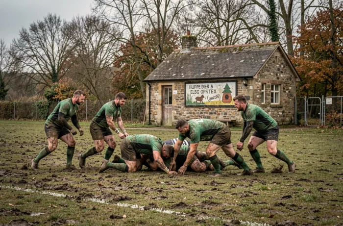 Séance d'entraînement de rugby dans un club amateur de l'Essex avec des joueurs en mêlée sur un terrain boueux en automne