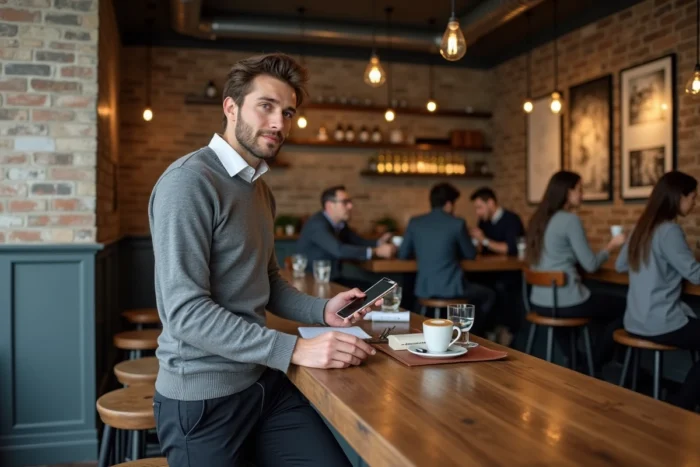Jeune entrepreneur prenant des notes dans un café branché du Marais à Paris avec carnet et smartphone