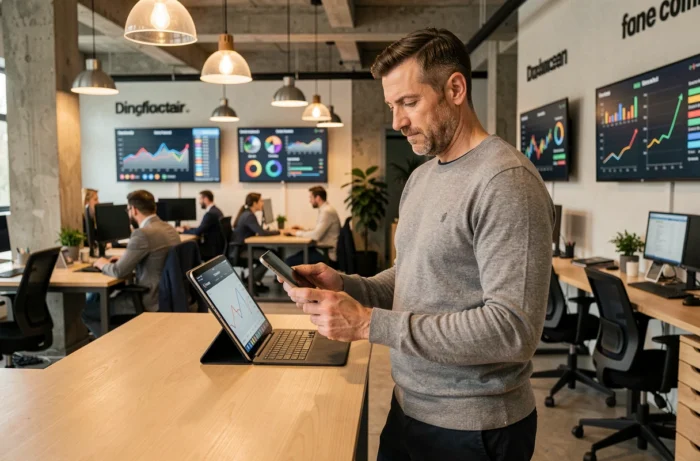 Entrepreneur fintech consultant les tendances financières sur tablette dans un espace de travail moderne