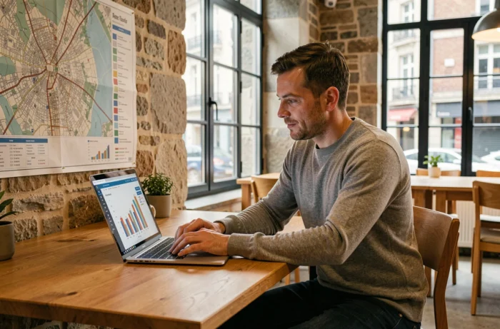 Entrepreneur analysant la visibilité en ligne de son entreprise locale dans un espace de coworking breton à Rennes