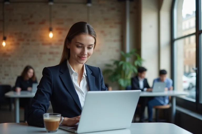 Entrepreneuse parisienne travaillant dans un espace de coworking moderne avec vue sur l'architecture haussmannienne