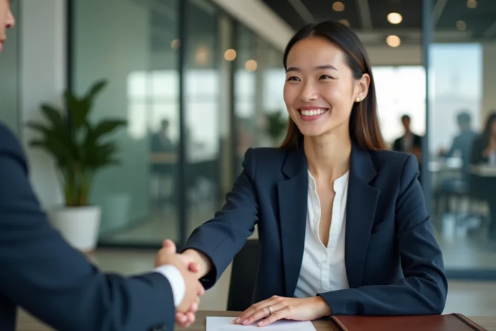 Jeune femme en entretien d'embauche serrant la main d'un recruteur dans un bureau moderne, symbolisant une insertion professionnelle réussie