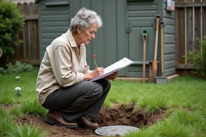Femme consultant un guide d'entretien de fosse septique dans son jardin pavillonnaire