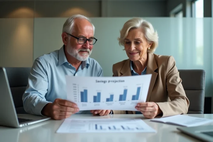 Couple de cinquantenaires en réunion avec un conseiller financier pour analyser leur épargne retraite
