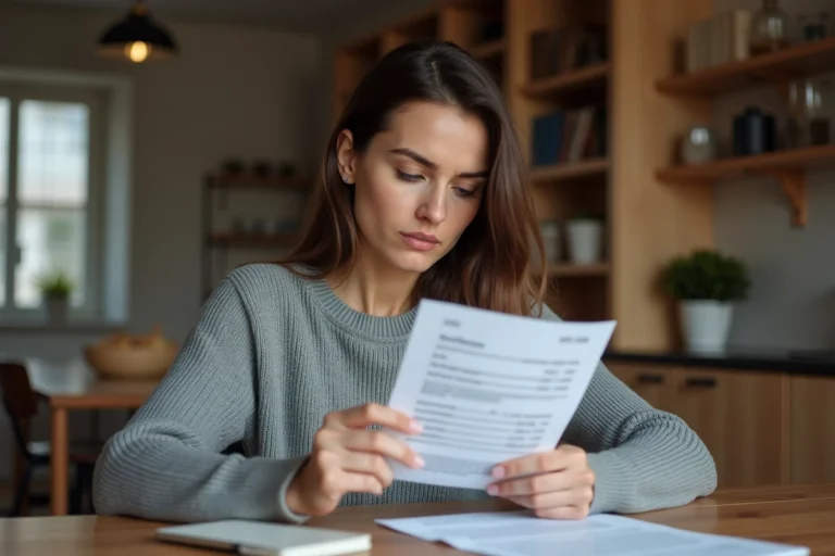Jeune femme dans la trentaine consultant ses relevés bancaires et son épargne à domicile