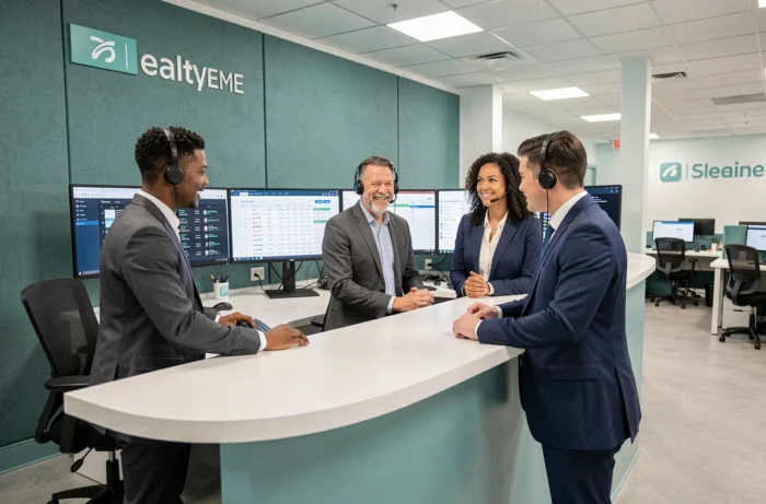Équipe de téléopérateurs d'un centre d'appels externalisé collaborant autour d'un standard téléphonique professionnel
