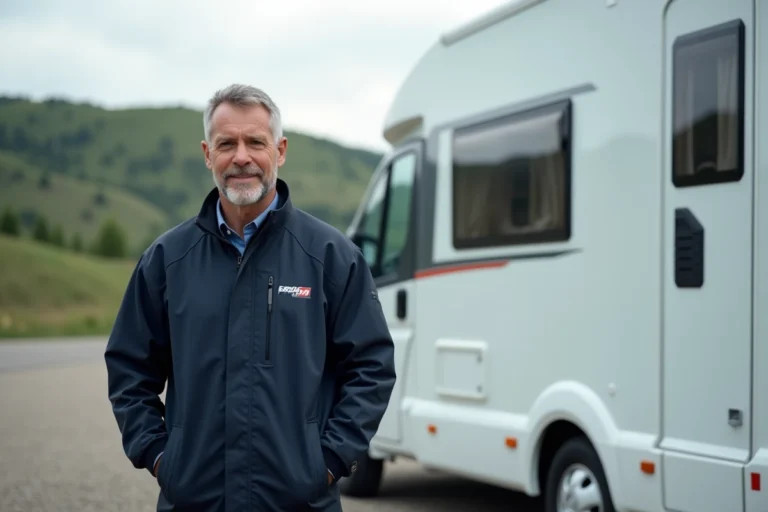 Artisan fabricant de caravanes Rubis posant fièrement devant un modèle blanc sur un site de production français