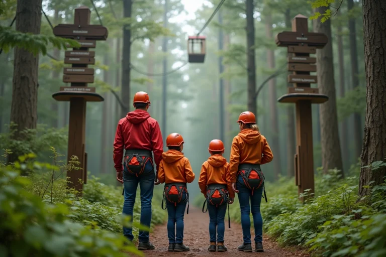 Famille avec enfants en équipement d'escalade à l'entrée d'un parcours accrobranche dans la forêt normande de Canyon Park Epretot