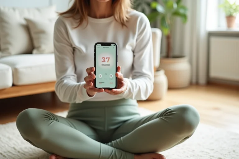 Femme utilisant une application de santé bien-être sur smartphone dans un salon moderne et épuré