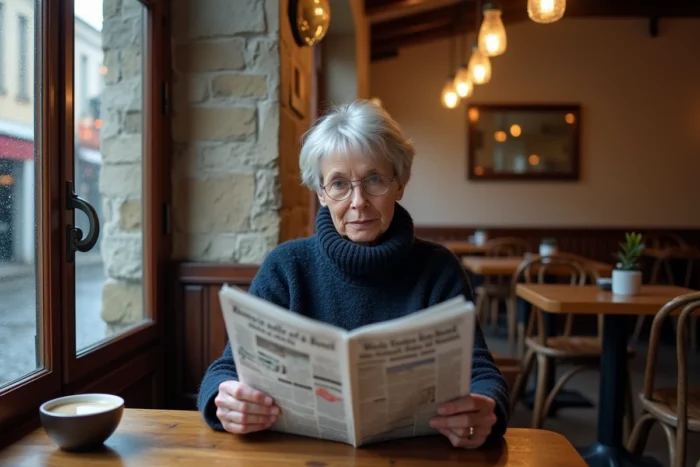 Femme bretonne lisant un journal régional dans un café en pierre de Rennes, actualité bretonne
