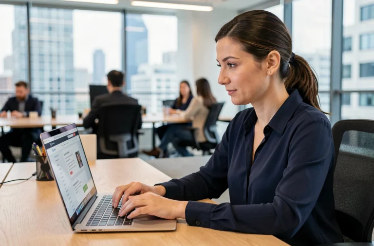 Femme professionnelle accédant à un nouveau lien de site web sur son ordinateur portable au bureau
