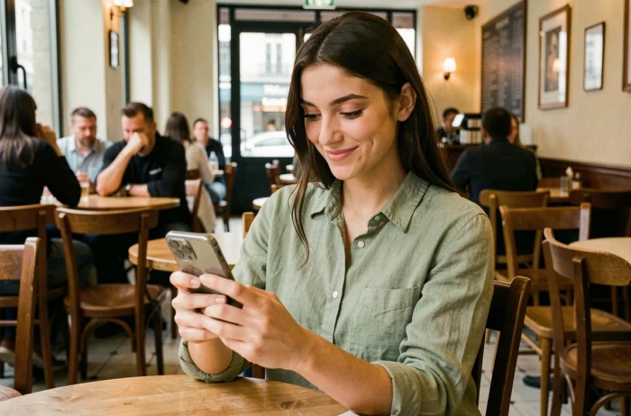 Jeune femme souriante dans un café regardant son téléphone avec assurance pour répondre à un message 'salut toi'