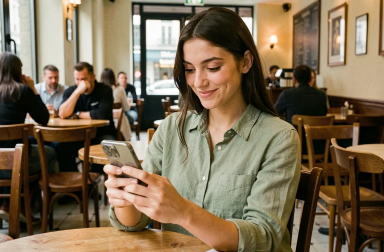 Jeune femme souriante dans un café regardant son téléphone avec assurance pour répondre à un message 'salut toi'