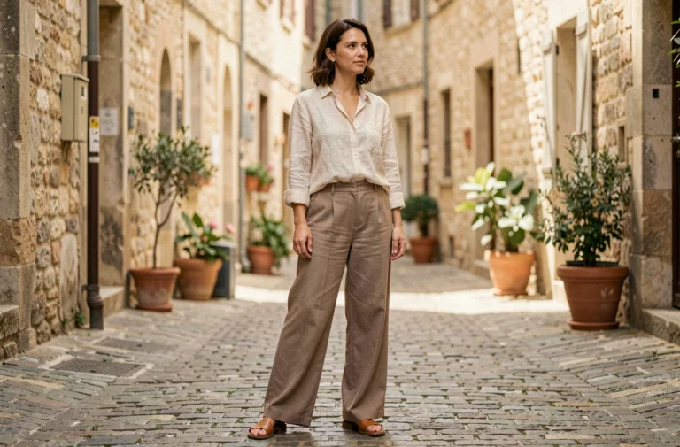Femme portant une chemise en lin Liberto décontractée dans une rue pavée d'un village français, style casual quotidien