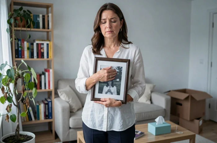 Femme tenant une photo contre son cœur dans son salon après le départ de son mari pour une autre femme