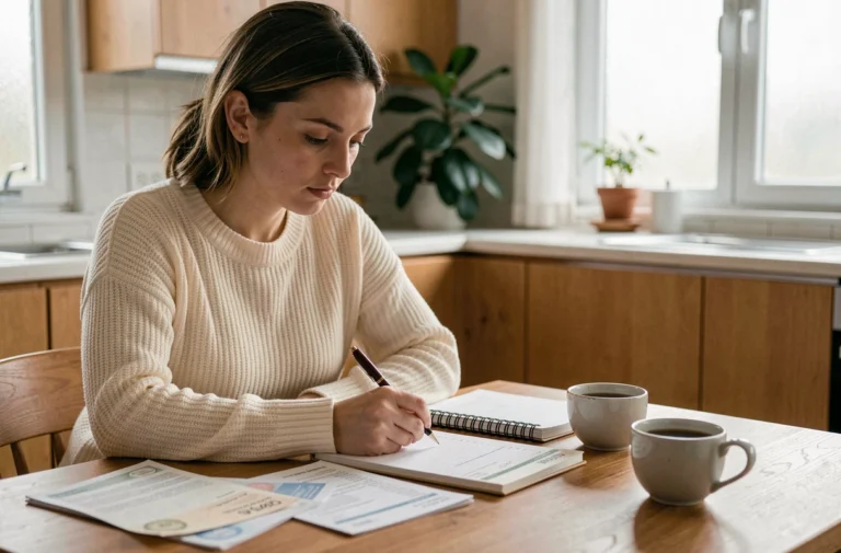 Femme consultant son budget mensuel à la table de cuisine avec des relevés bancaires et un carnet de notes
