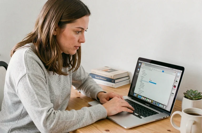 Femme consultant l'historique d'impression sur un MacBook Pro dans un bureau à domicile organisé