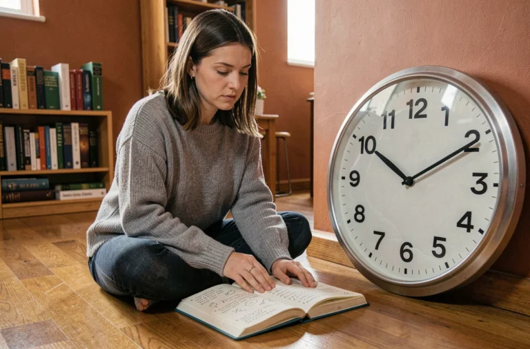 Femme contemplative assise près d'une horloge indiquant 23h13, prenant des notes de numérologie dans un appartement chaleureux