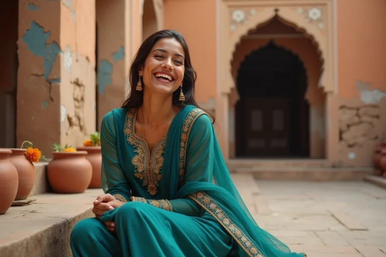 Jeune femme indienne en tenue traditionnelle brodée assise sur les marches d'un haveli au Rajasthan, souriant naturellement sans retouche