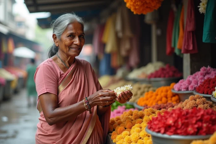 Femme indienne d'âge mûr en sari rose sélectionnant des guirlandes de jasmin dans un marché aux fleurs animé de Chennai