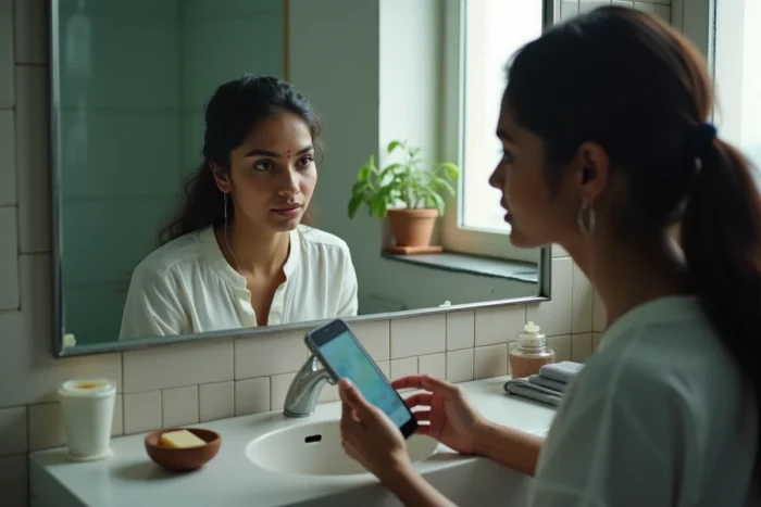 Jeune femme indienne sans maquillage se regardant dans un miroir de salle de bain à Mumbai, posant un regard serein et authentique sur elle-même