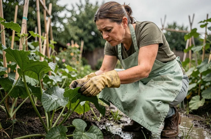 Femme inspectant des insectes noirs sous une feuille dans son jardin mouillé après la pluie