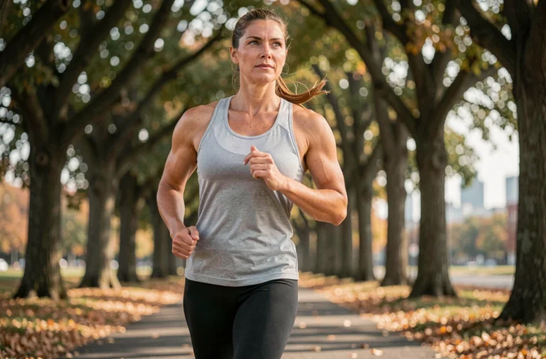 Femme faisant du jogging dans un parc urbain pour prendre soin de sa santé au quotidien