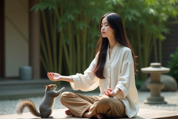 Femme méditant en plein air avec un écureuil gris posé sur son bras dans un jardin zen spirituel