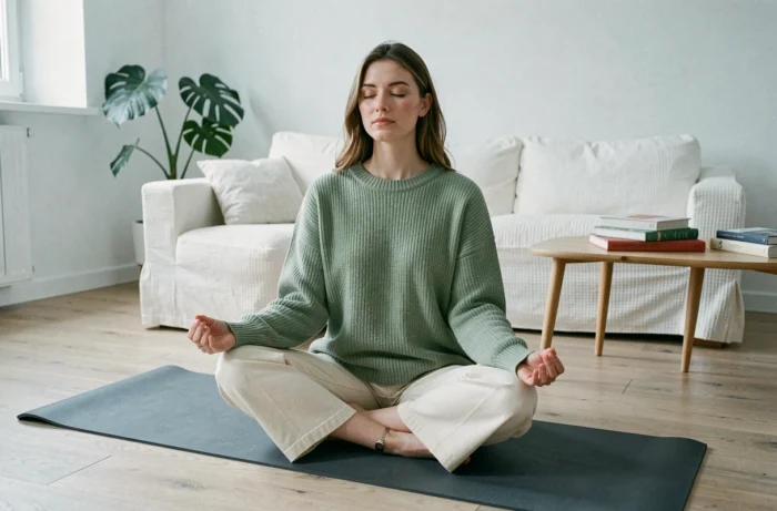 Femme méditant sur un tapis de yoga dans un salon minimaliste pour réduire le stress et préserver sa santé