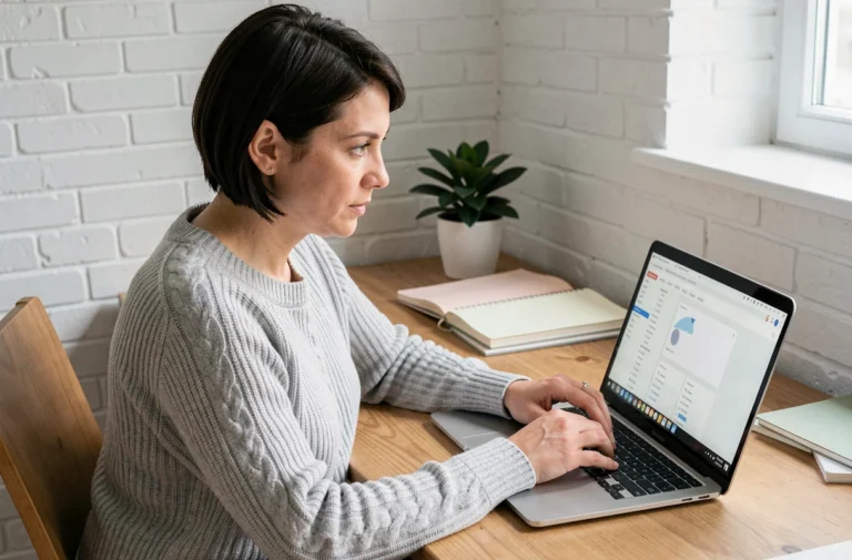 Femme naviguant sur le plan du site d'un journal en ligne depuis son bureau à domicile