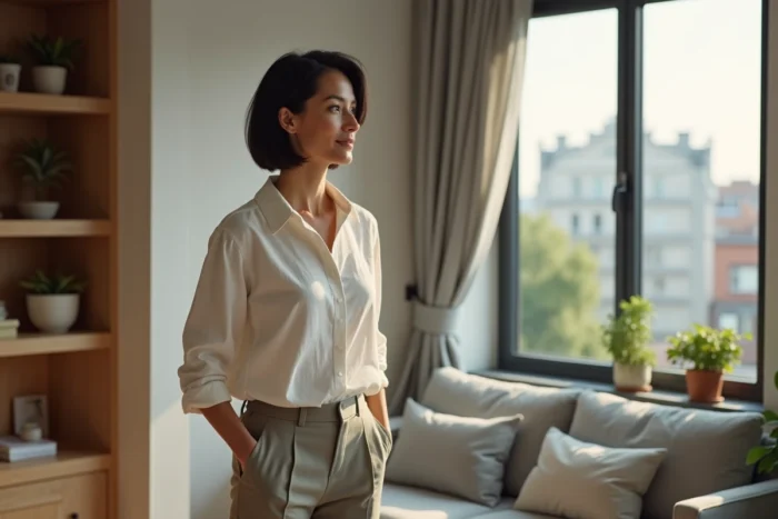Femme satisfaite dans un petit appartement urbain bien optimisé avec rangements intégrés et vue sur les toits de la ville