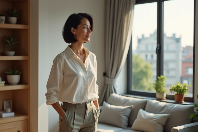 Femme satisfaite dans un petit appartement urbain bien optimisé avec rangements intégrés et vue sur les toits de la ville