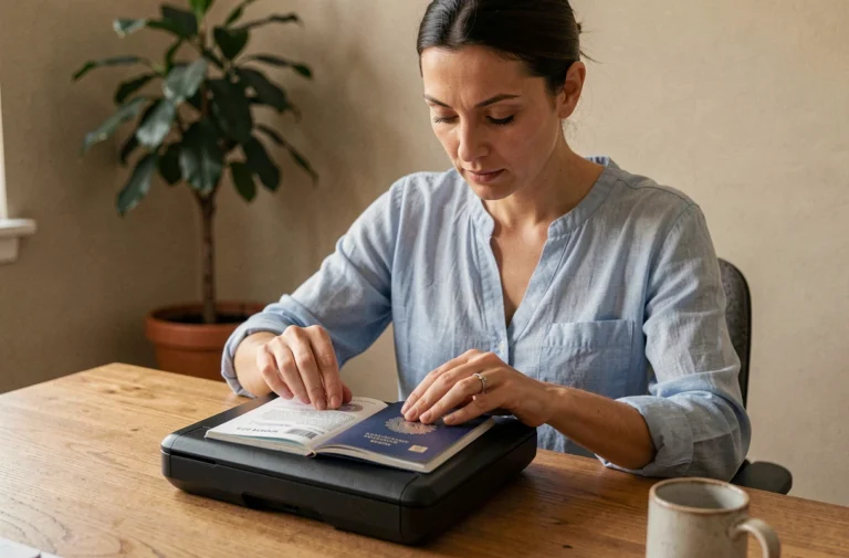 Femme photocopiant son passeport sur un scanner à domicile avant un voyage