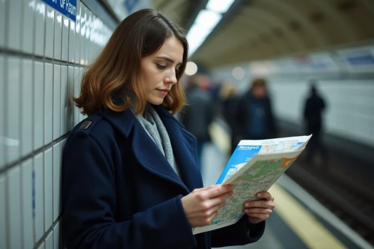 Femme consultant le plan des zones Navigo 1 à 5 sur un quai de métro parisien