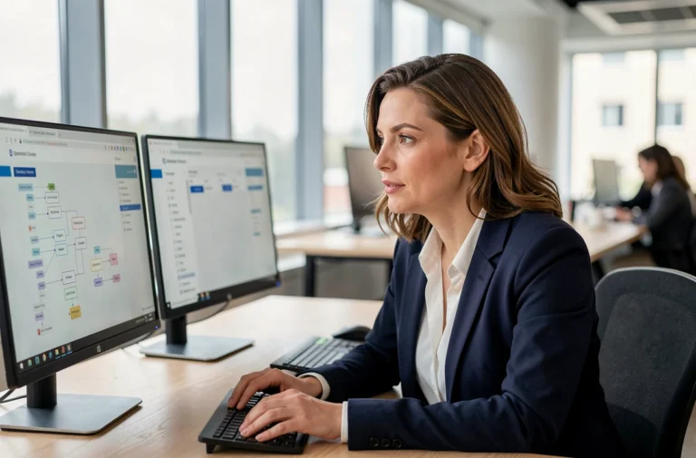 Professionnelle consultant un plan de site web structuré sur double écran dans un bureau moderne, illustrant la navigation facilitée d'un portail de rendez-vous professionnel