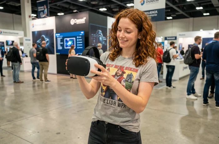 Femme passionnée de technologie examinant un casque de réalité virtuelle lors d'un salon high-tech