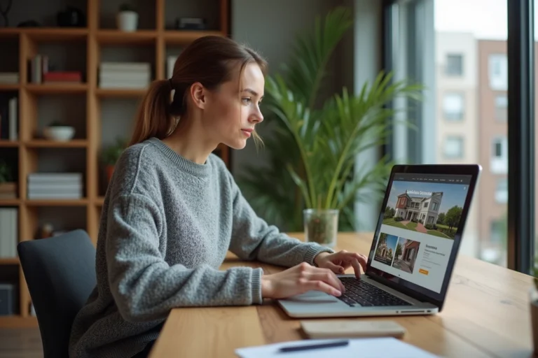 Femme consultant des annonces immobilières sur un ordinateur portable dans un bureau à domicile moderne