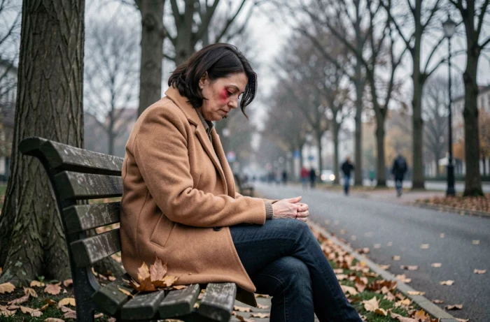 Femme assise seule sur un banc de parc en automne traversant une rupture sentimentale