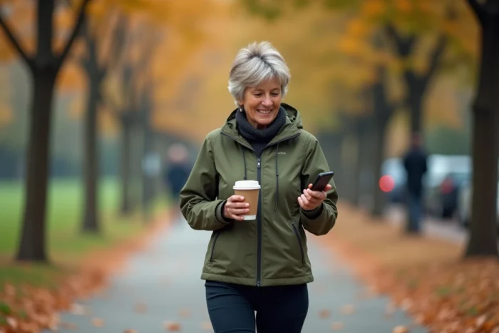 Femme senior consultant une application de suivi santé sur sa montre connectée lors d'une promenade en ville