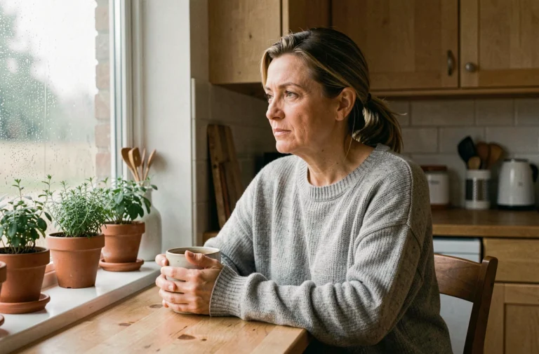 Femme seule dans sa cuisine tenant une tasse de café après une séparation amoureuse douloureuse