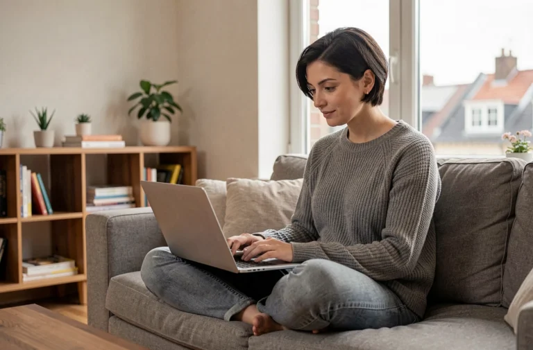 Femme utilisant une alternative de streaming innovante sur un ordinateur portable dans un salon moderne et confortable