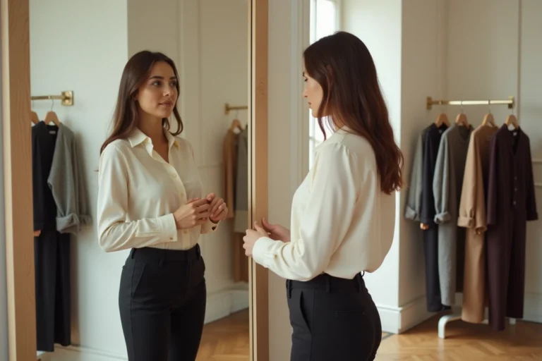 Jeune femme essayant un haut taille S dans une boutique parisienne, debout devant un miroir en pied